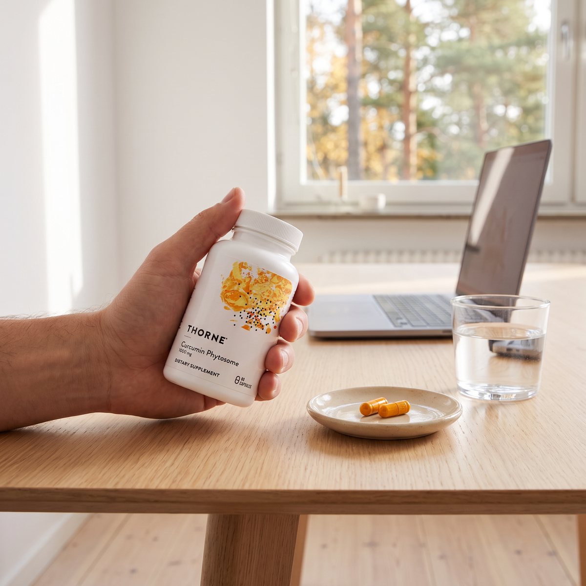 Hand som håller en burk Thorne Curcumin Phytosome vid ett skrivbord i ett svenskt hem, två kapslar på ett fat och ett glas vatten