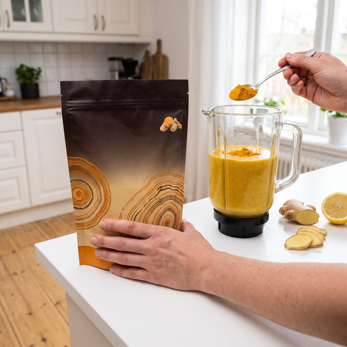 Re-fresh Superfood Gurkmejapulver EKO i brun påse bredvid en mixer med gul smoothie i ett svenskt kök