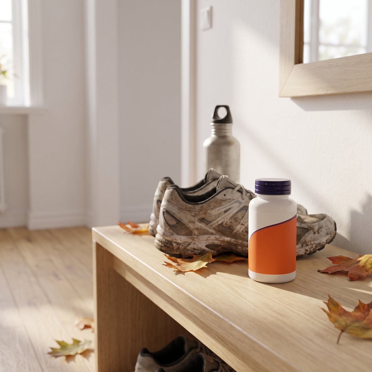 Burk med Now Foods Hyaluronic Acid på en hallhylla i ett svenskt hem