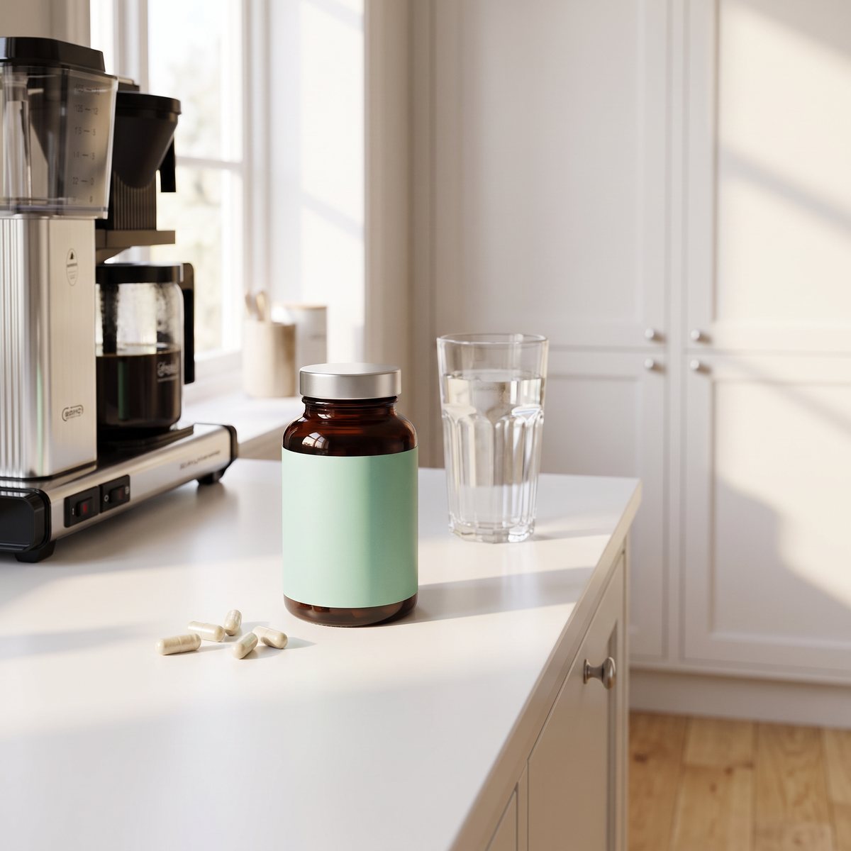 Glasburk med Pureness Hyaluronsyra Beauty bredvid kaffebryggare och vattenglas i ett svenskt kök