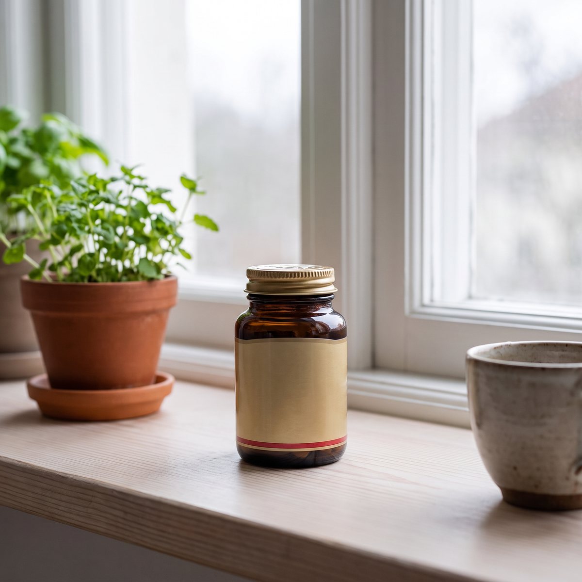Burk med Solgar Collagen Hyaluronic Acid Complex på en fönsterbräda i ett svenskt hem
