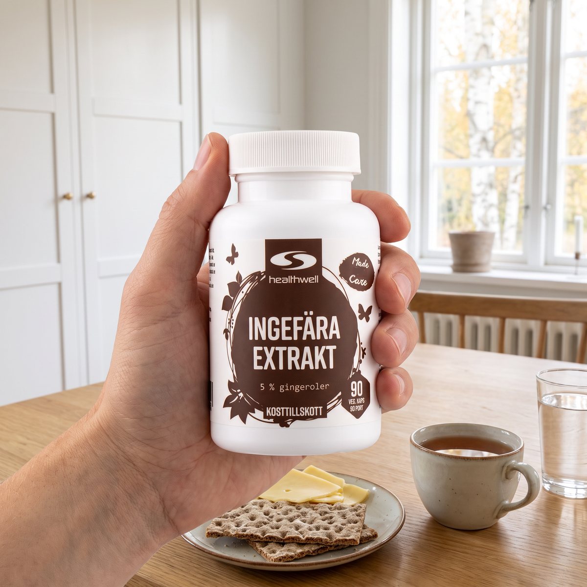 Hand som håller en burk Healthwell Ingefära Extrakt vid frukostbordet med knäckebröd, ost och te i ett ljust svenskt kök
