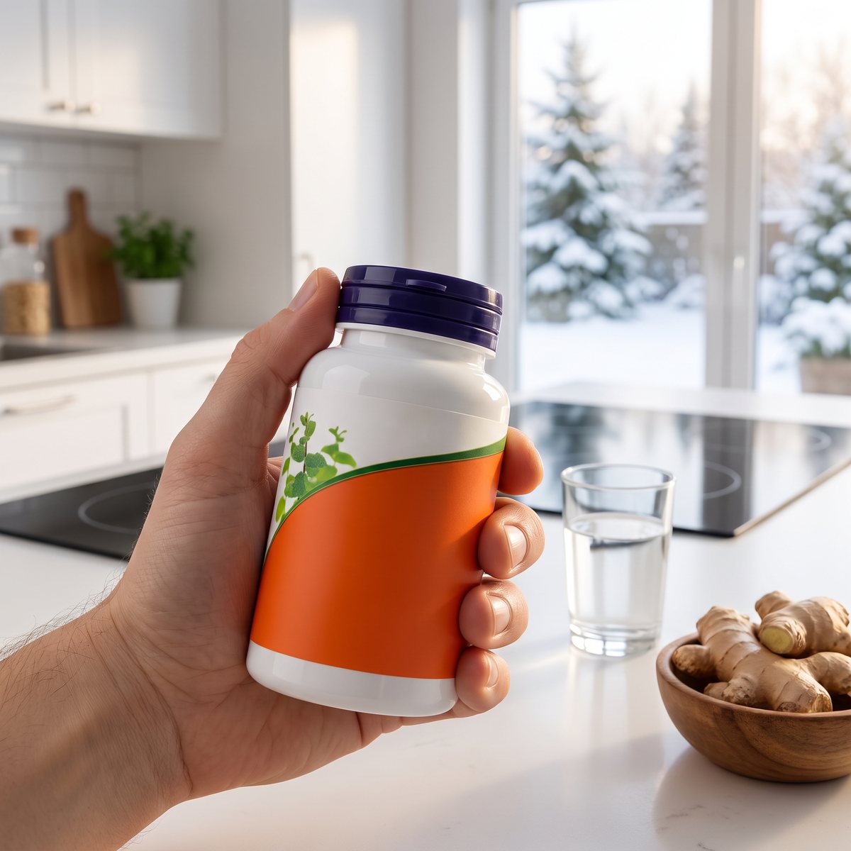 Hand som håller en burk NOW Ginger 550 mg i ett svenskt kök med induktionshäll, vattenglas och färsk ingefära, snötäckt trädgård utanför
