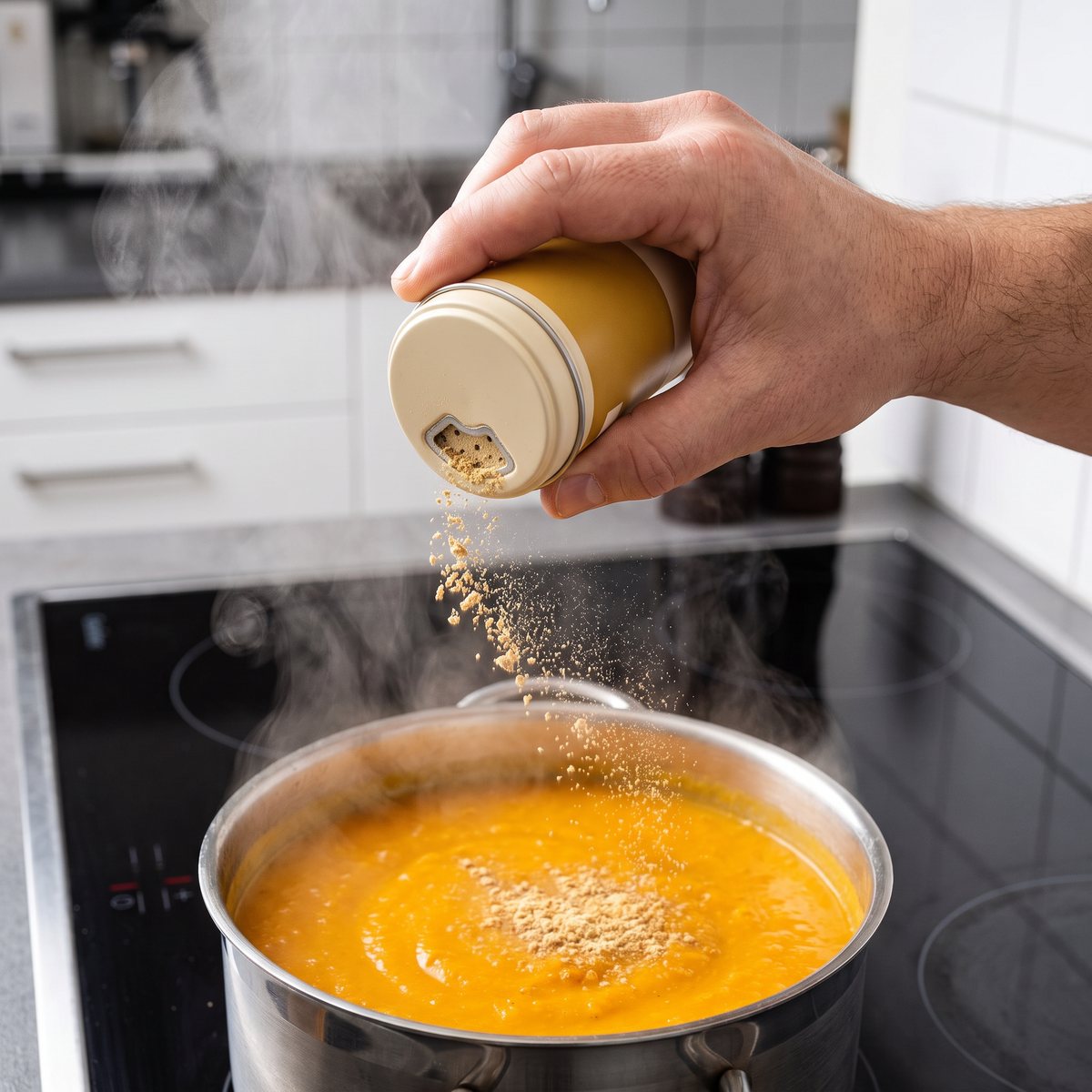 Hand som strör Kung Markattas ingefärapulver ur kryddburken över pumpasoppa på en induktionshäll i ett svenskt kök