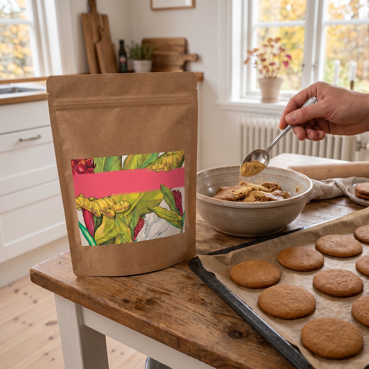 Påse med Mother Earth ingefärapulver bredvid pepparkaksdeg och nygräddade kakor i ett svenskt hemkök en höstdag