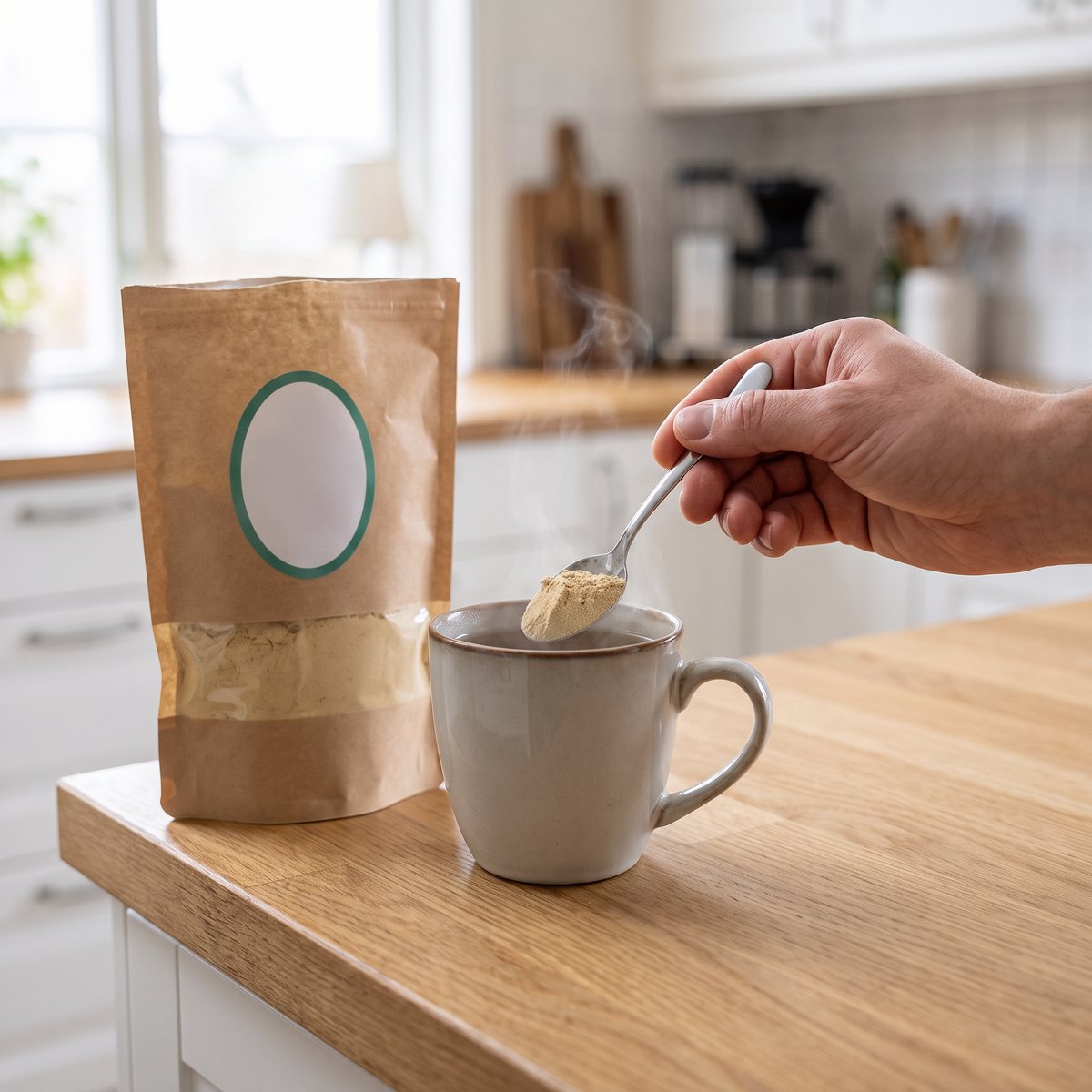 Påse med mald ekologisk ingefära från Powerfruits bredvid en tekopp där ingefärapulver rörs ner med en sked i ett svenskt kök