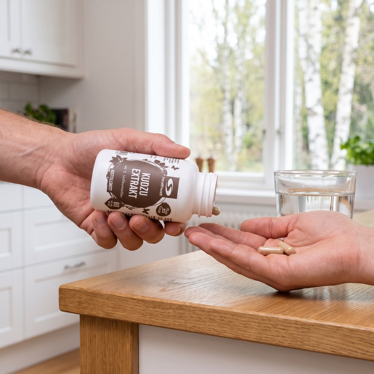 Vit burk med kudzukapslar hålls i handen vid ett glas vatten på ett köksbord i ett svenskt hem