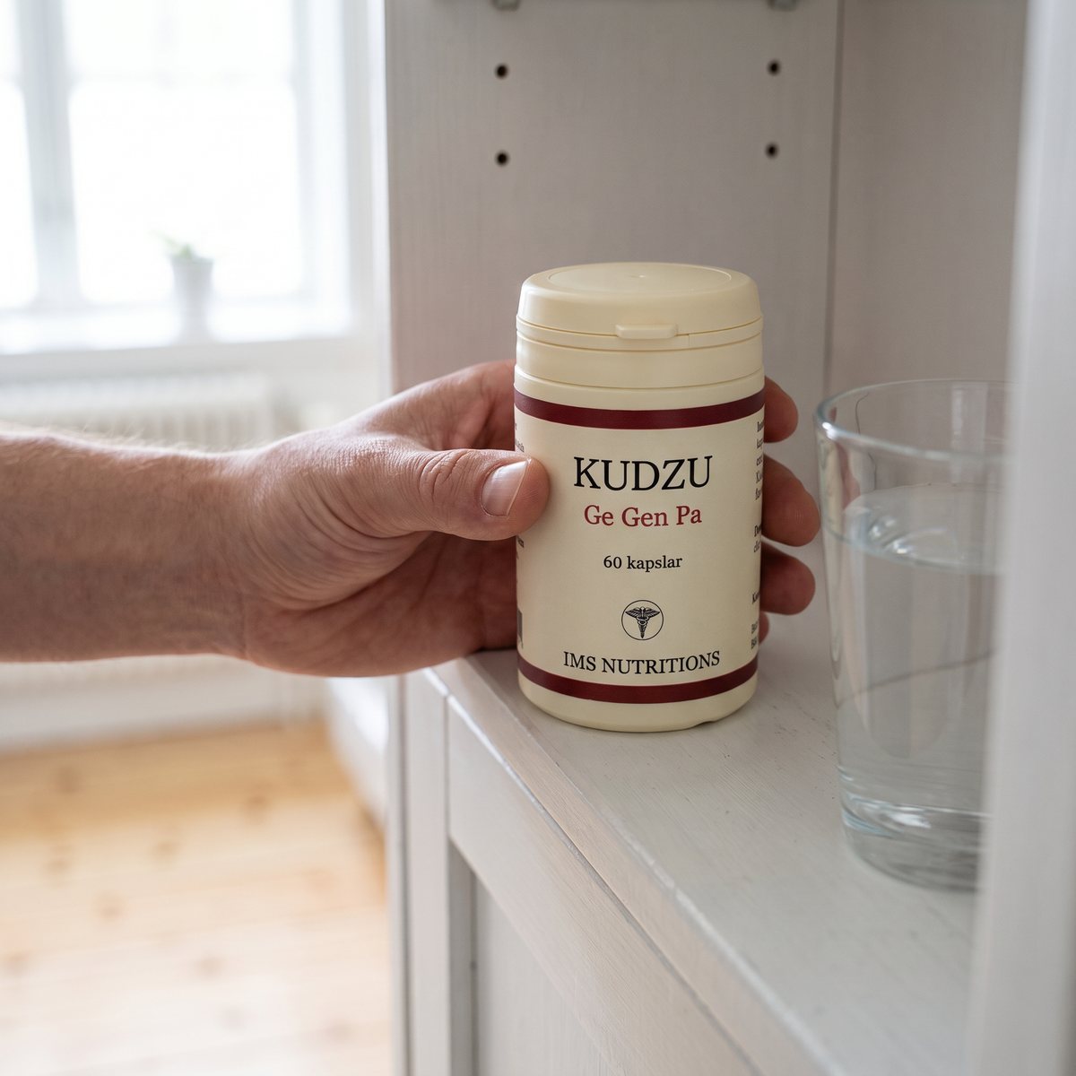 Vit burk med kudzukapslar i handen vid ett glas vatten i ett svenskt hem
