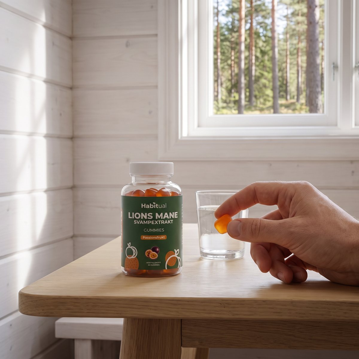 Burk med Habitual Lions Mane Gummies och en hand som håller en gummi i en svensk stuga