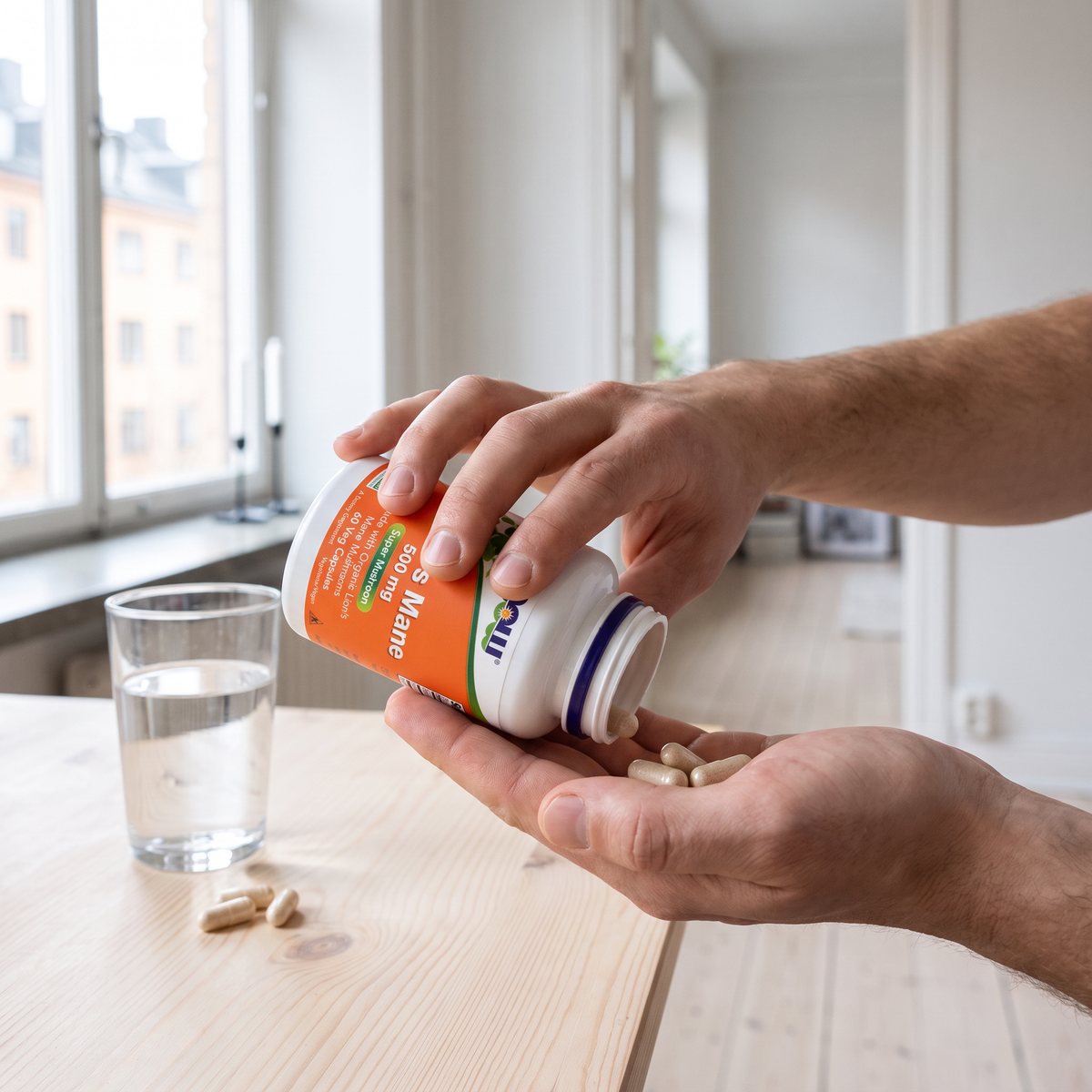 Hand som tömmer ut kapslar ur en burk Now Foods Lion's Mane i en svensk lägenhet