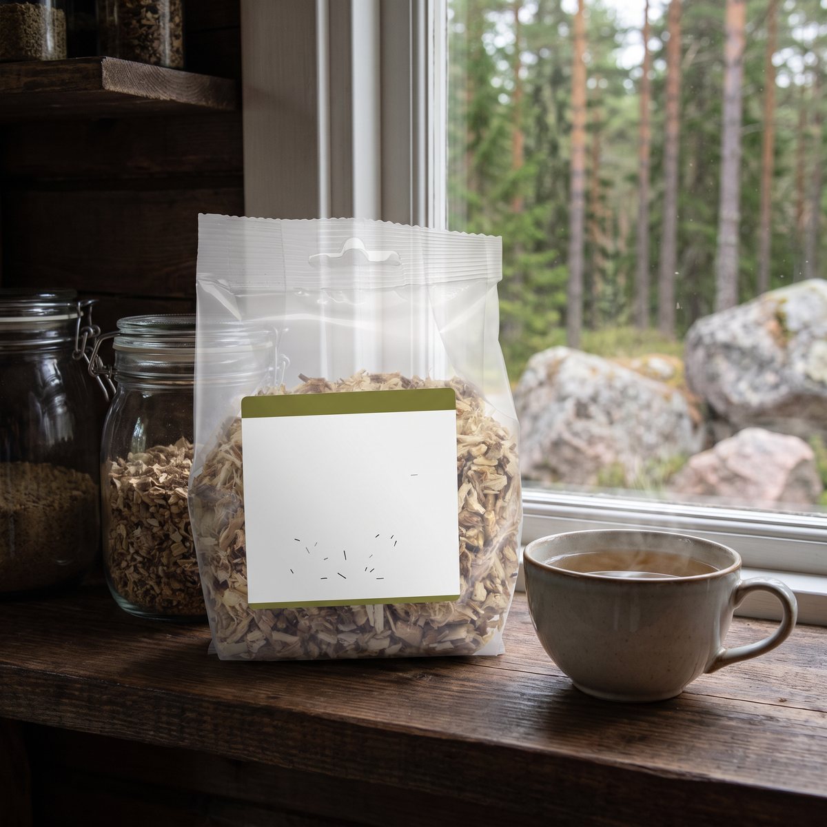Plastpåse med torkad läkemalvarot på en hylla i ett svenskt stugskafferi bredvid en kopp te