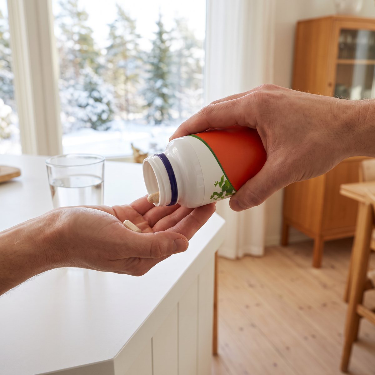 Burk med Now Foods Maskrosrot i handen i ett svenskt kök