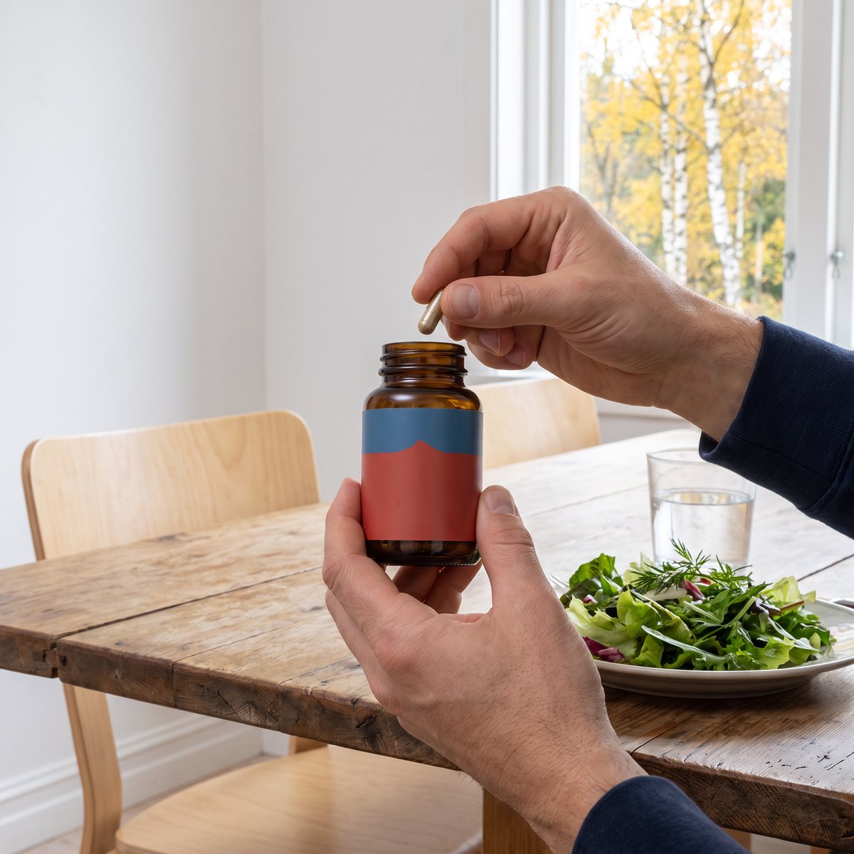 Brun glasburk med Terranova Dandelion Artichoke Cysteine vid ett svenskt matbord