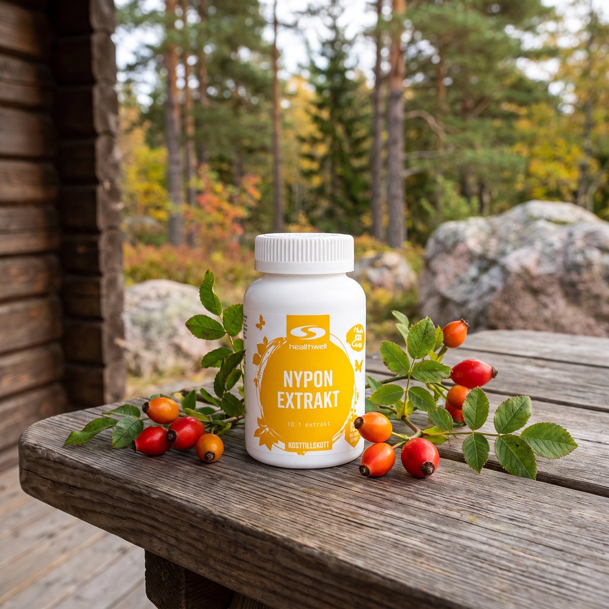 Burk med Healthwell Nypon Extrakt på ett träbord på en svensk stugaltan