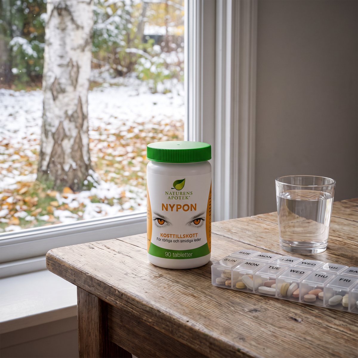 Burk med Naturens Apotek Nypon på ett matbord vid ett fönster i ett svenskt hem