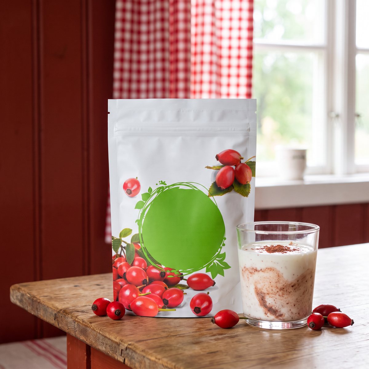 Vit påse med nyponpulver på ett bord i ett svenskt sommarstugekök, bredvid ett glas filmjölk med nyponpulver