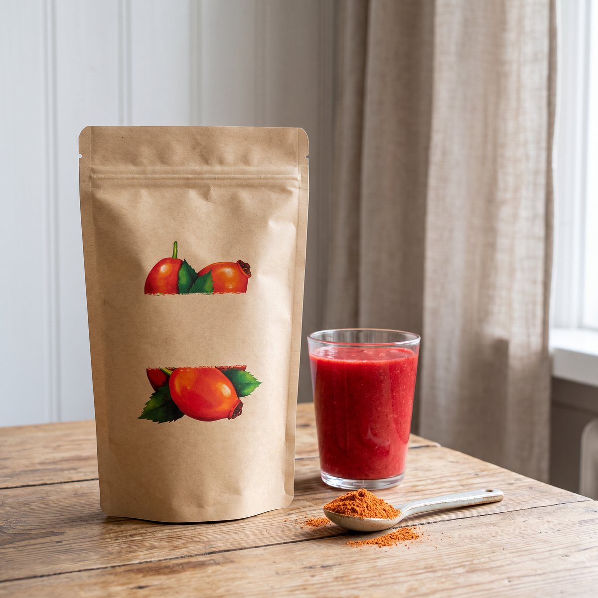 Kraftpåse med nyponpulver på ett köksbord i en svensk lägenhet, bredvid ett glas röd smoothie