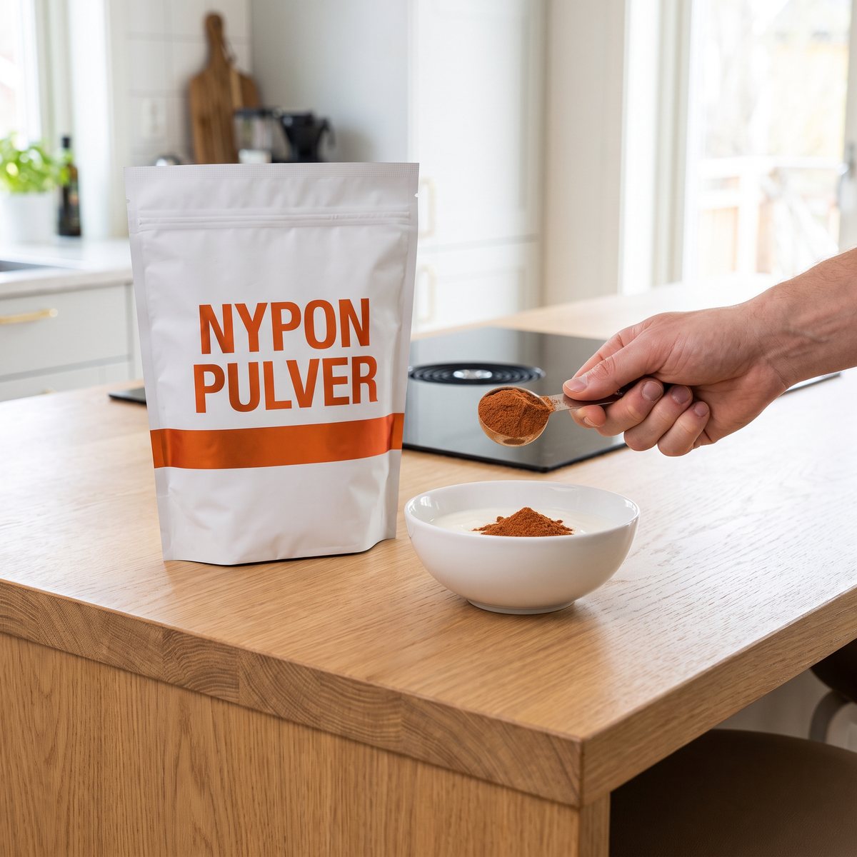 Vit påse med nyponpulver i ett svenskt kök, där en hand håller en mätsked över en skål yoghurt