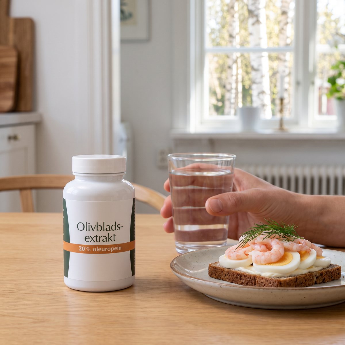 Vit burk med olivbladsextrakt på ett träbord med smörgås och vatten i ett svenskt hem