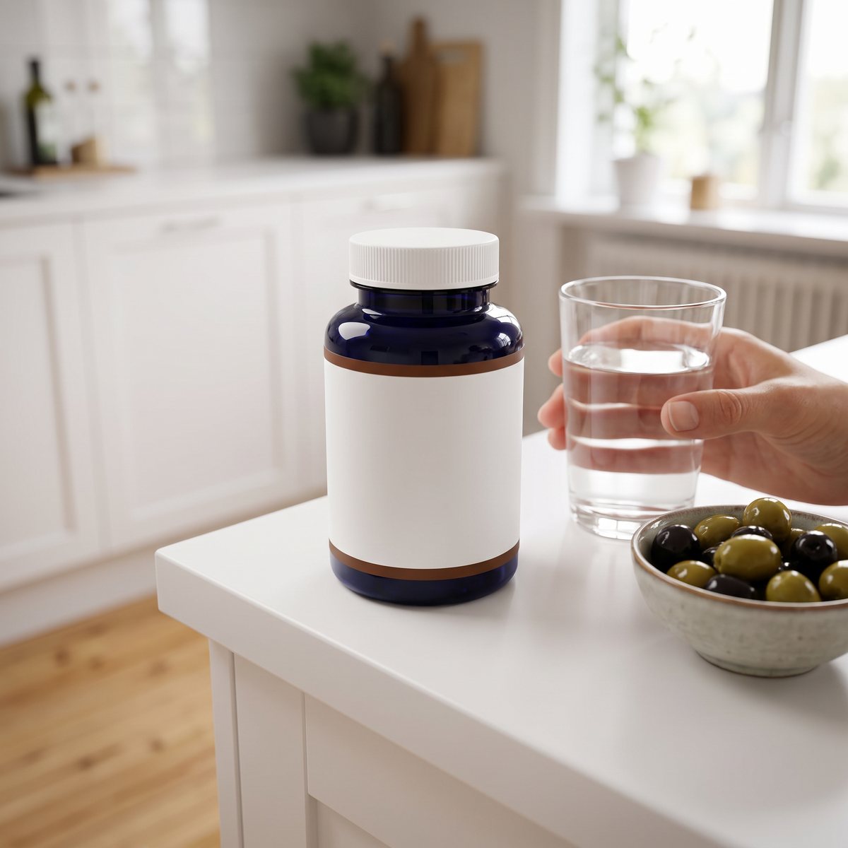 Mörkblå burk med olivbladsextrakt på en vit köksbänk i ett svenskt kök, bredvid ett glas vatten och en skål oliver