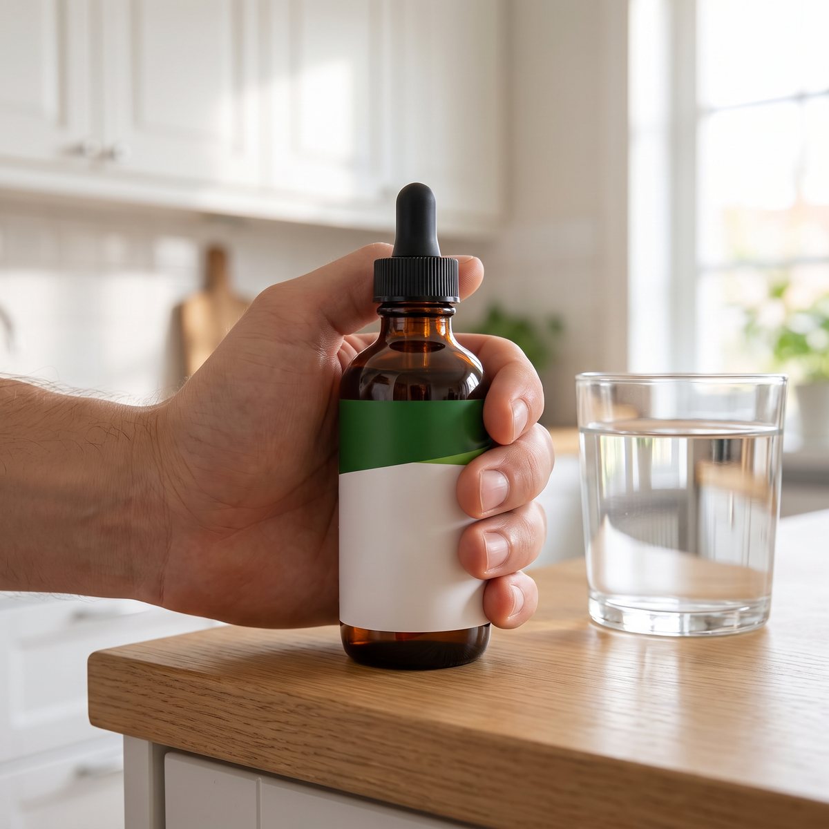 Hand som håller en brun pipettflaska med flytande olivbladsextrakt vid ett glas vatten i ett svenskt kök