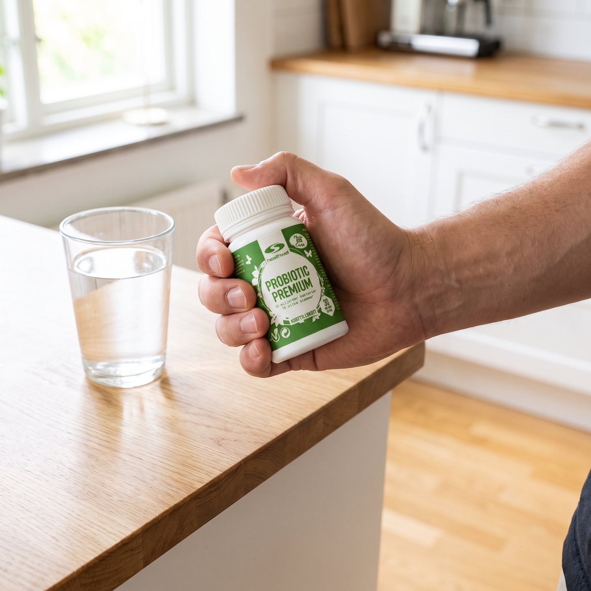Healthwell Probiotic Premium-burken hållen i handen vid en köksbänk i ett svenskt hem