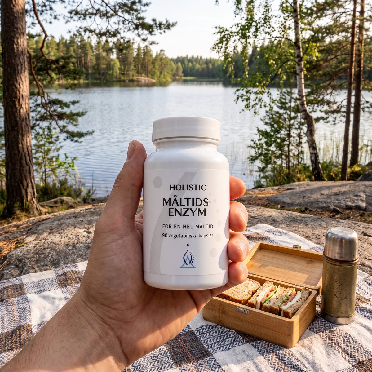 Holistic Måltidsenzym i handen på en filt vid en svensk sjö med tall och björk och en matlåda