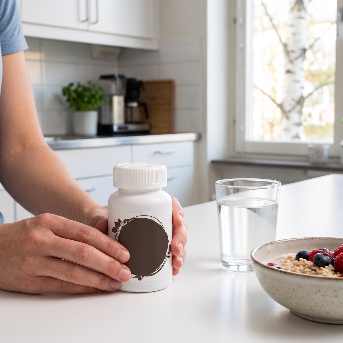 Vit burk med Healthwell Reishi Extrakt hålls i händerna vid ett glas vatten och en skål frukost i ett ljust svenskt kök