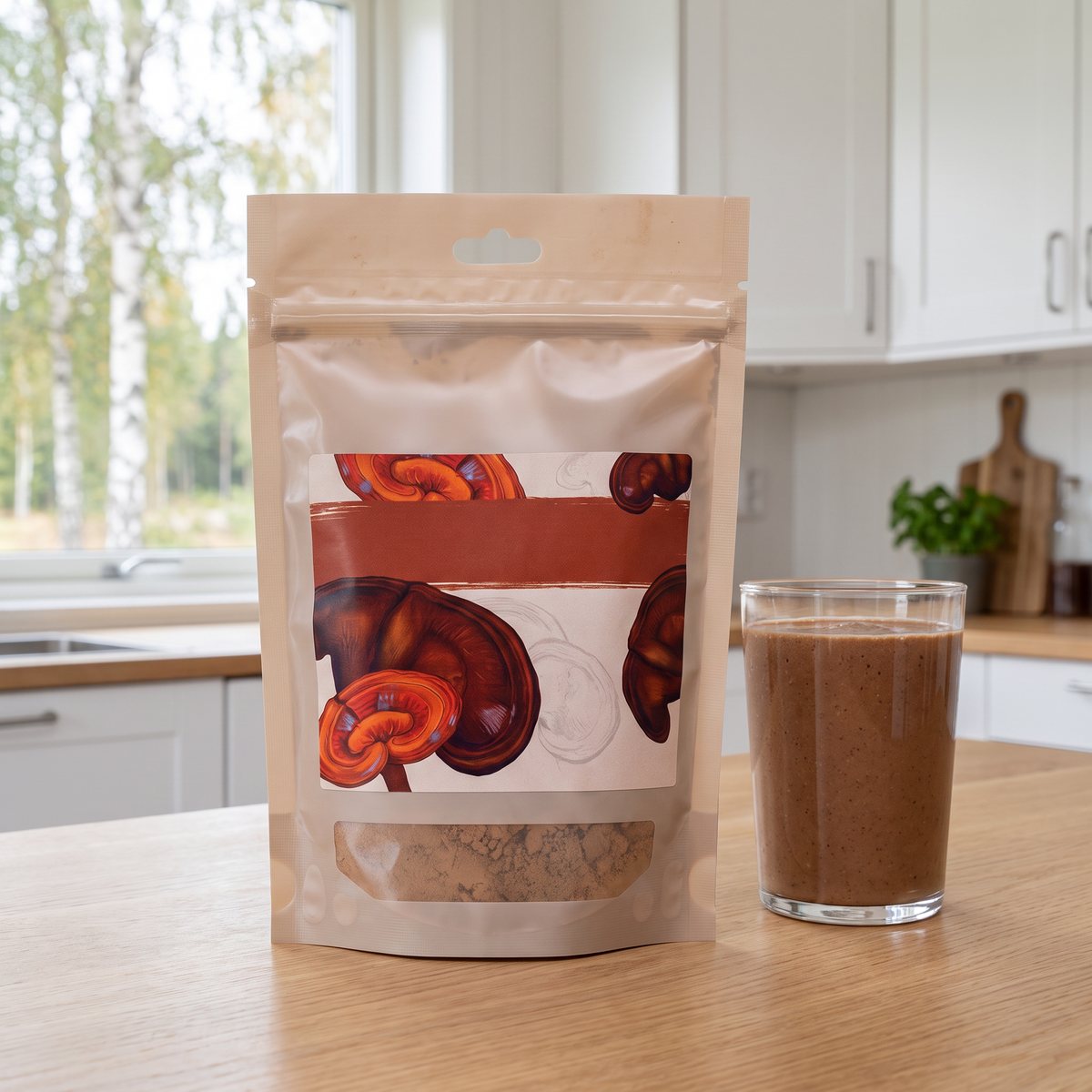 Påse med Mother Earth Reishipulver EKO bredvid ett glas smoothie på en köksbänk i ett ljust svenskt kök