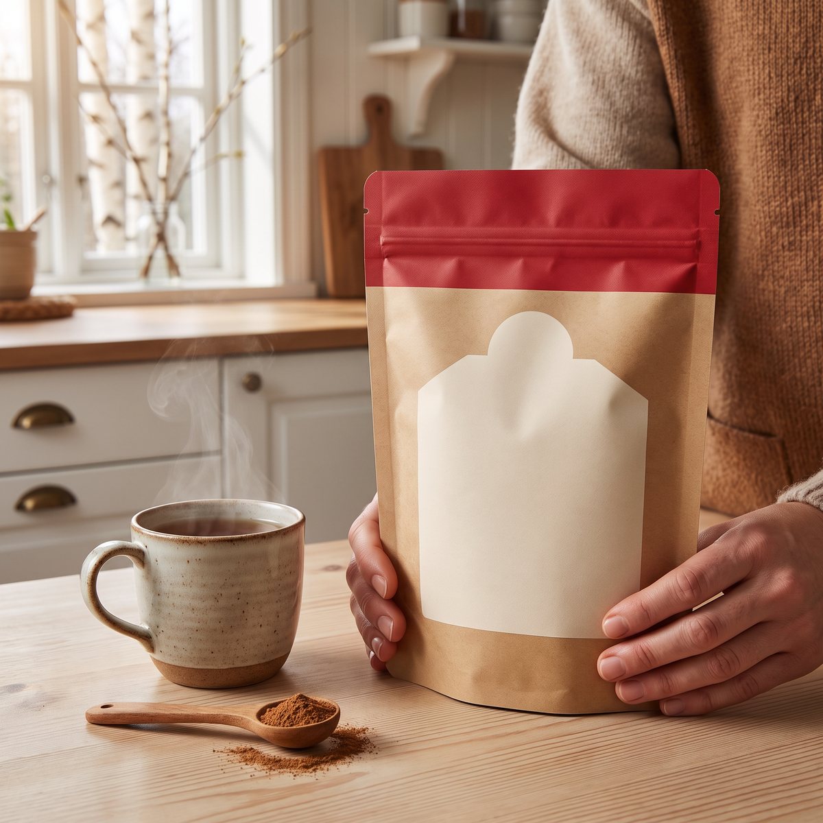 Doypack med The Organic Labs Reishi-extraktpulver på ett träbord bredvid en tekopp och en skedmått pulver i ett svenskt kök