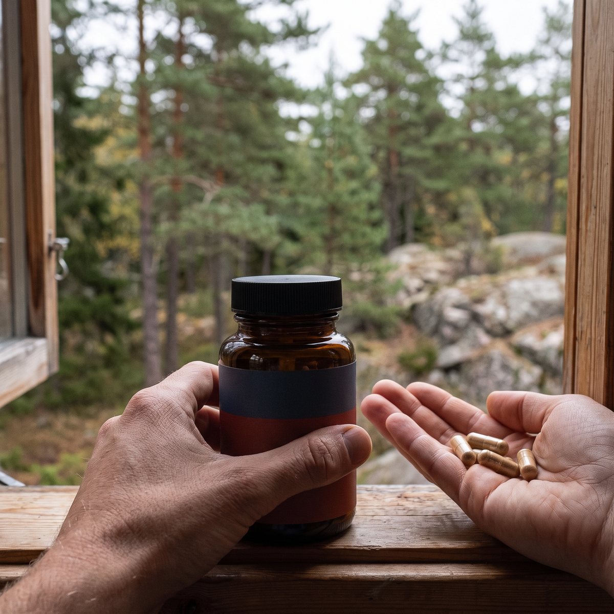 Brun glasburk med Terranova Reishi hålls i handen med några kapslar i andra handen vid ett fönster mot tallskog och granit