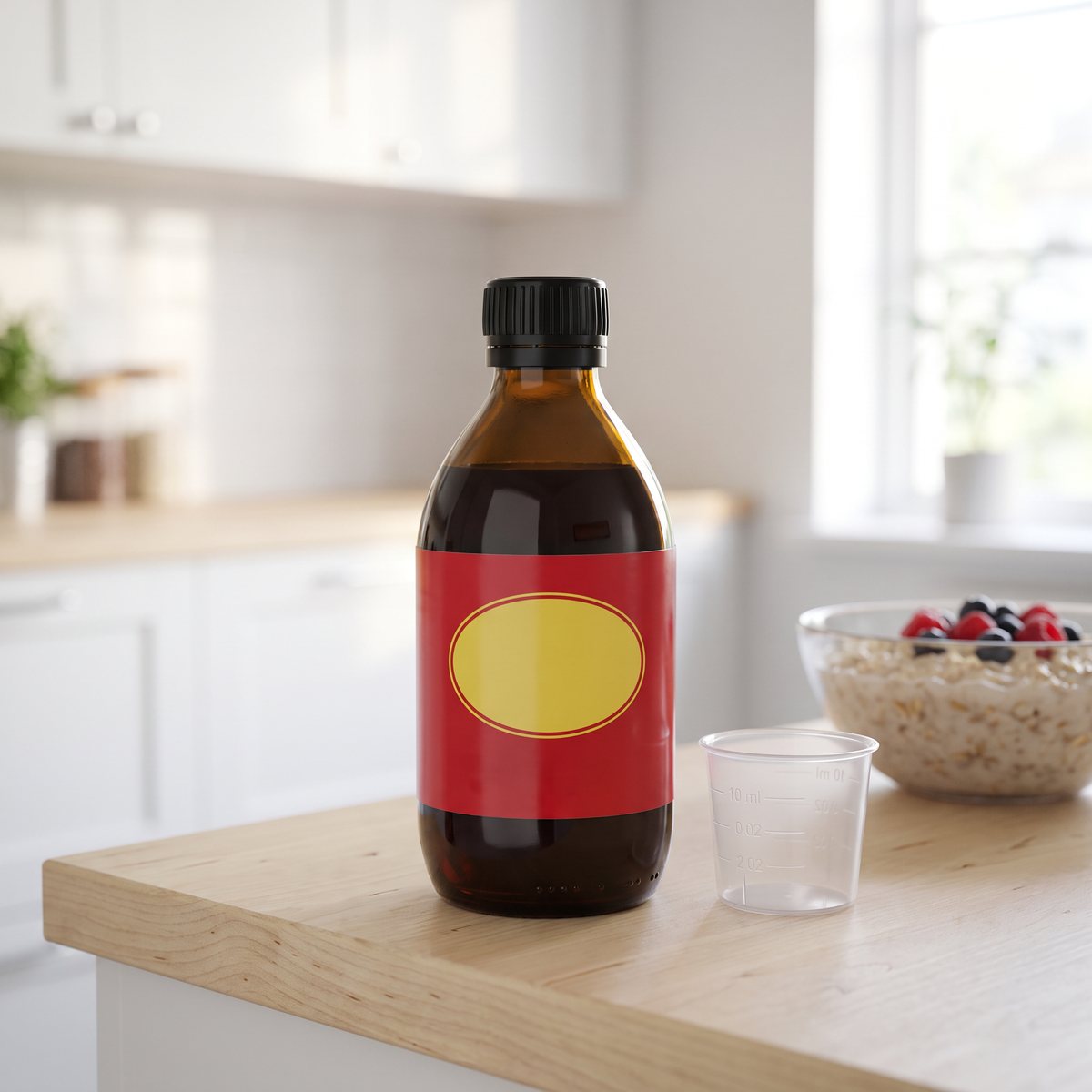 Mörk glasflaska med röd etikett och ett doseringsmått på en köksbänk i ett ljust svenskt kök med havregrynsgröt i bakgrunden
