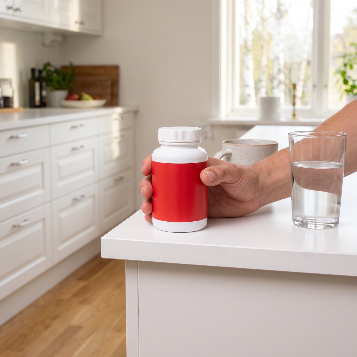 Vit burk med röd etikett i handen på en vit köksbänk i ett svenskt kök, med ett glas vatten bredvid