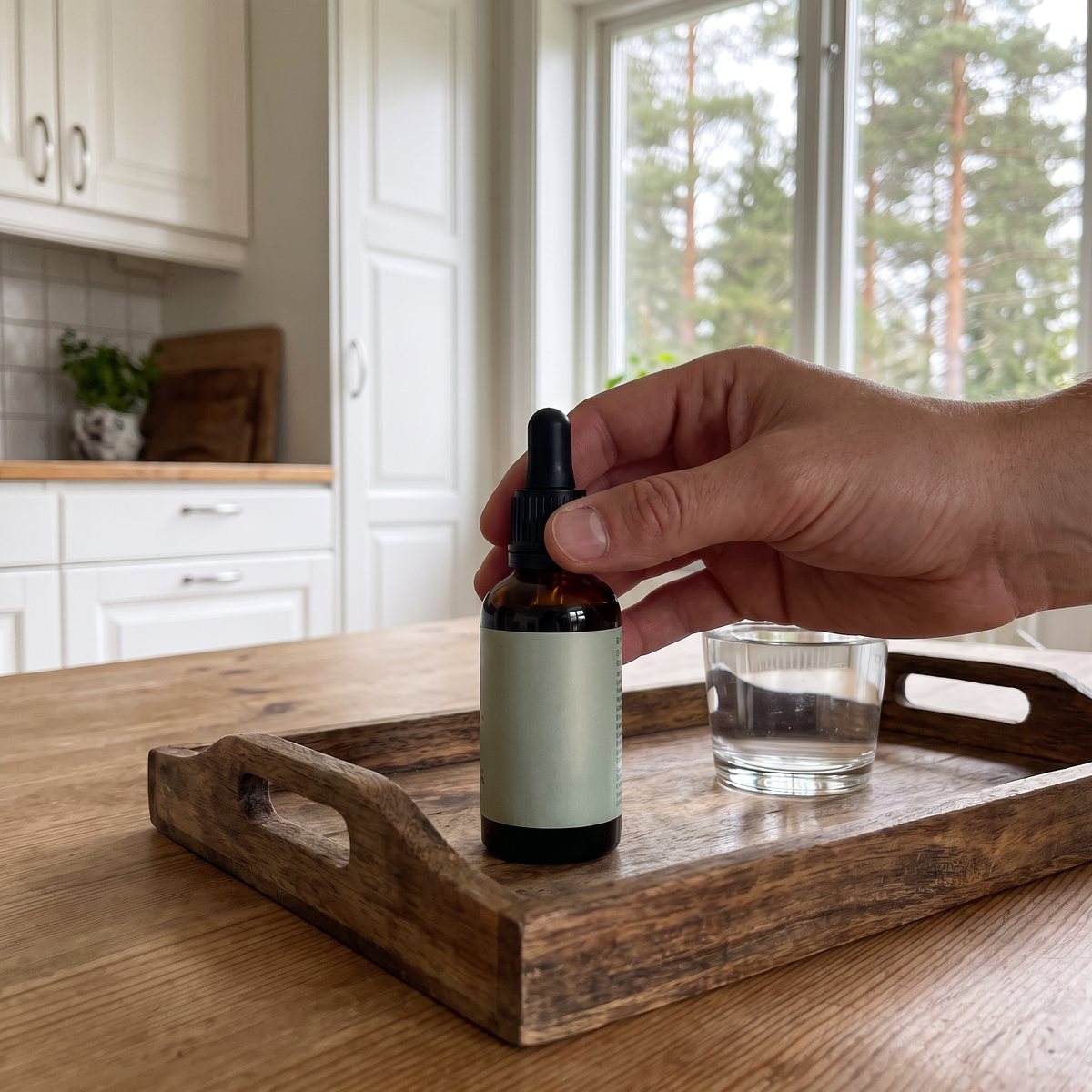 Brun droppflaska med svart pipett hålls i handen över en träbricka på ett köksbord i ett svenskt kök med tallar utanför fönstret