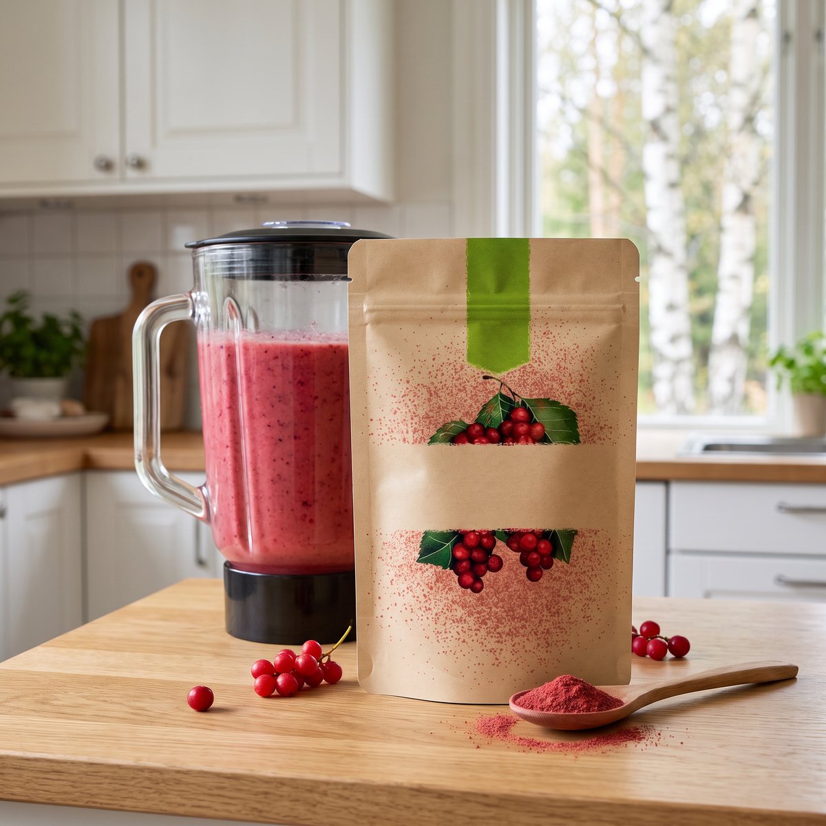 Påse med schisandrapulver bredvid en smoothie, en träsked med pulver och röda bär på en köksbänk i ett svenskt kök