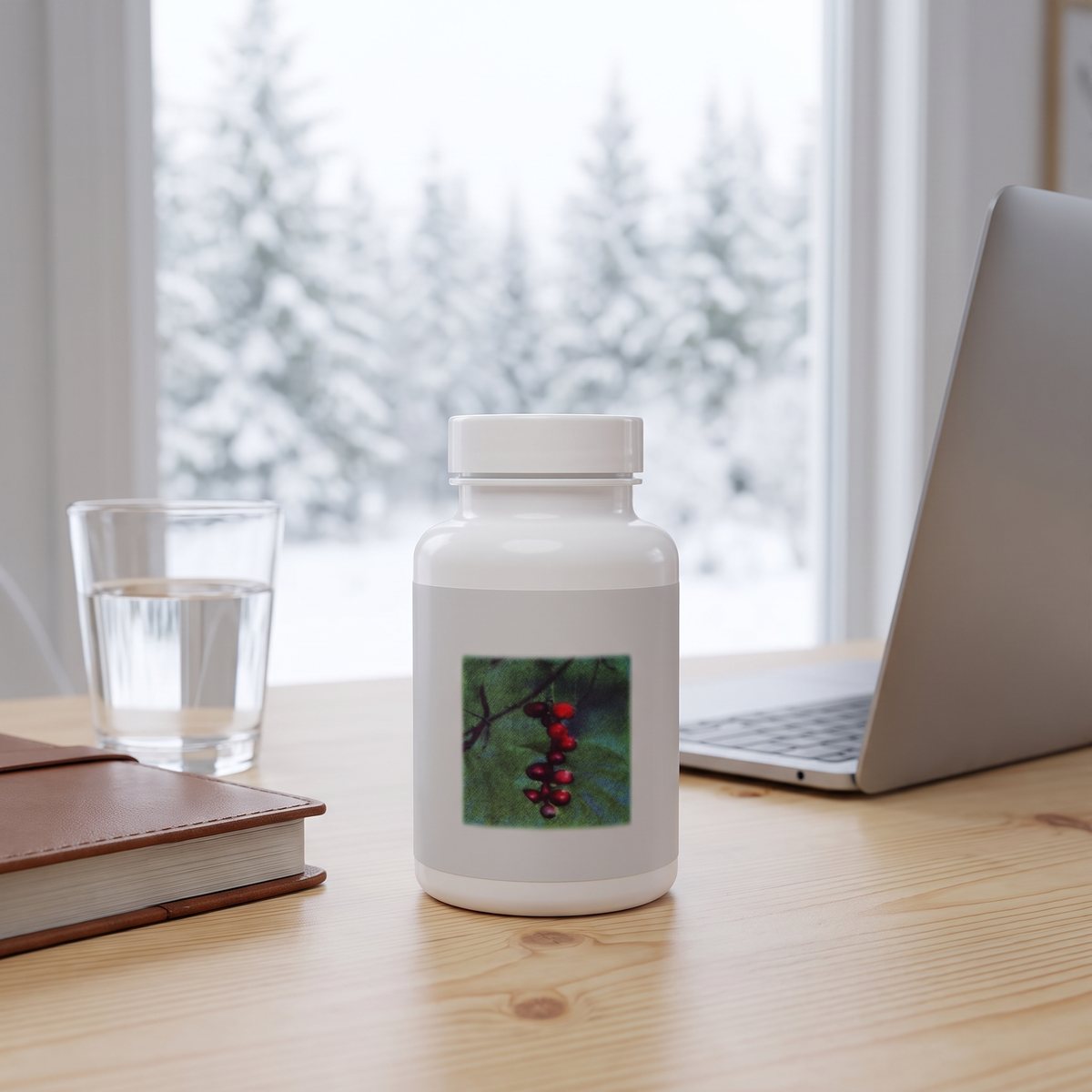 Vit kapselburk med bärbild på ett skrivbord av furu i ett svenskt hemmakontor med snötäckt granskog utanför fönstret
