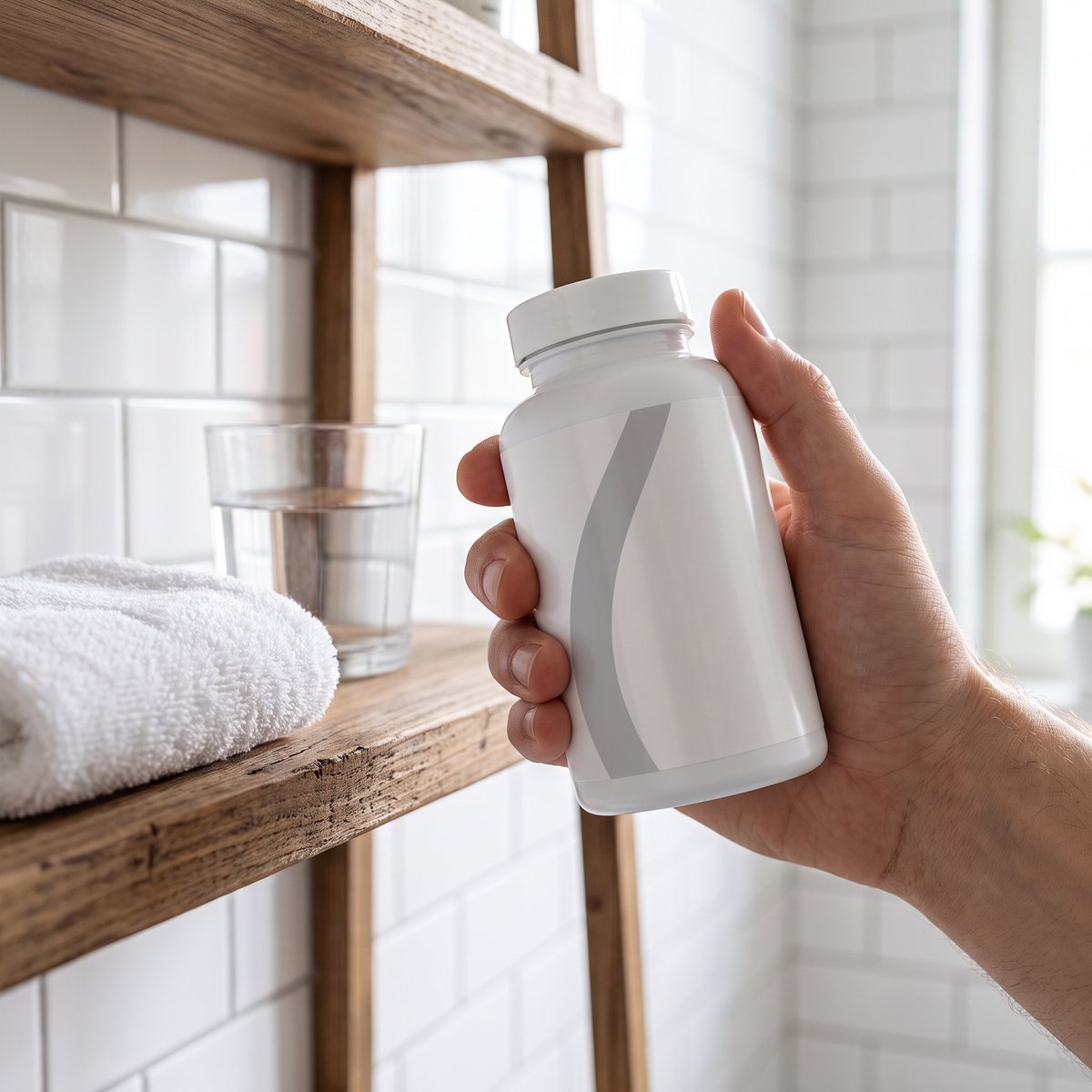 Hand som håller en vit burk Holistic Kisel i ett ljust svenskt badrum