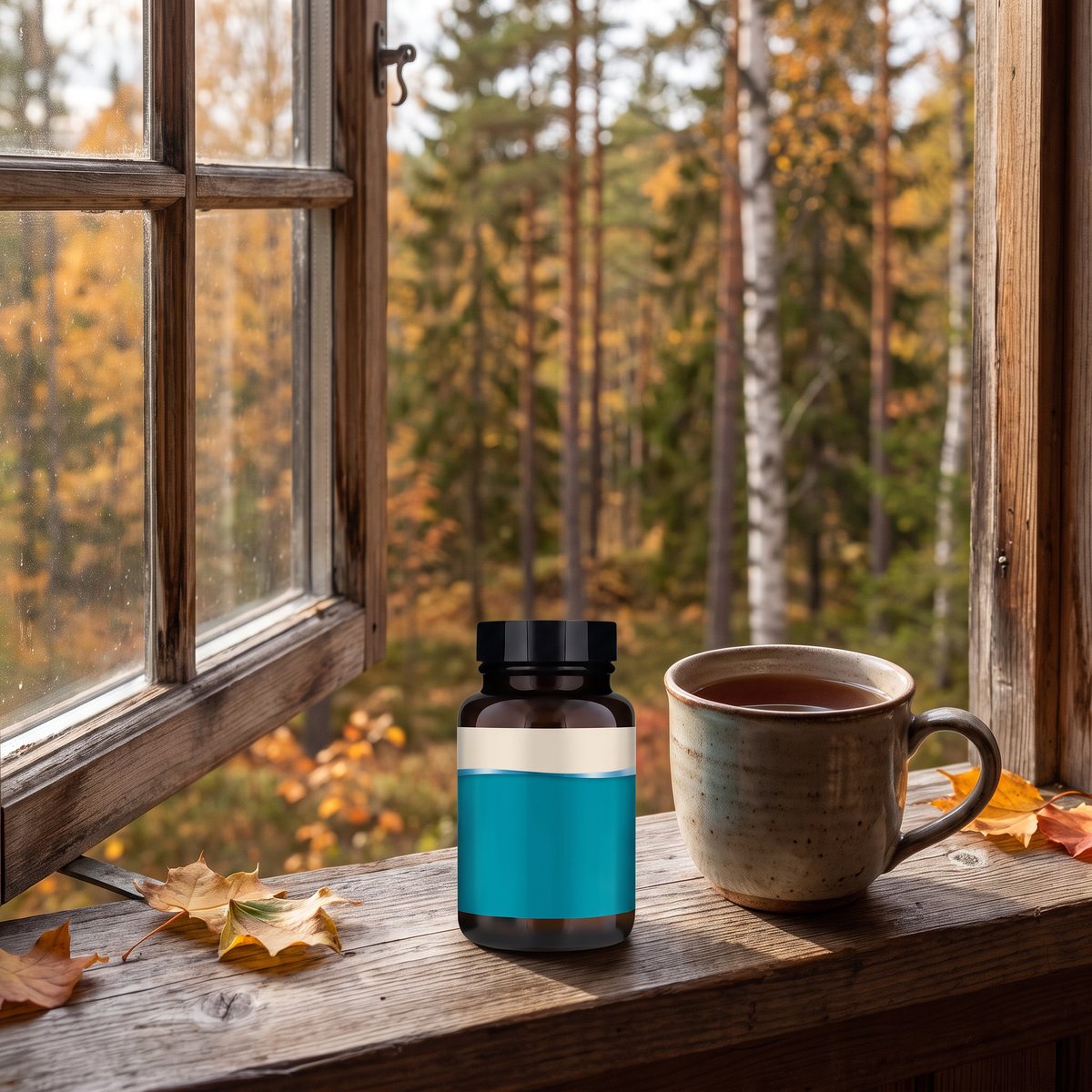 Brun glasburk med Dr. Mercola Silica på ett fönsterbräde i en svensk stuga på hösten