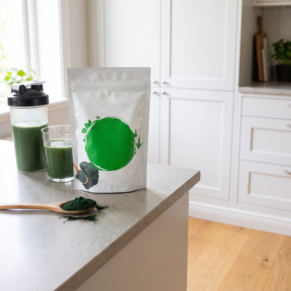 Vit påse med spirulinapulver från Healthwell på en stenbänk bredvid en shaker med grön dryck i ett svenskt hem