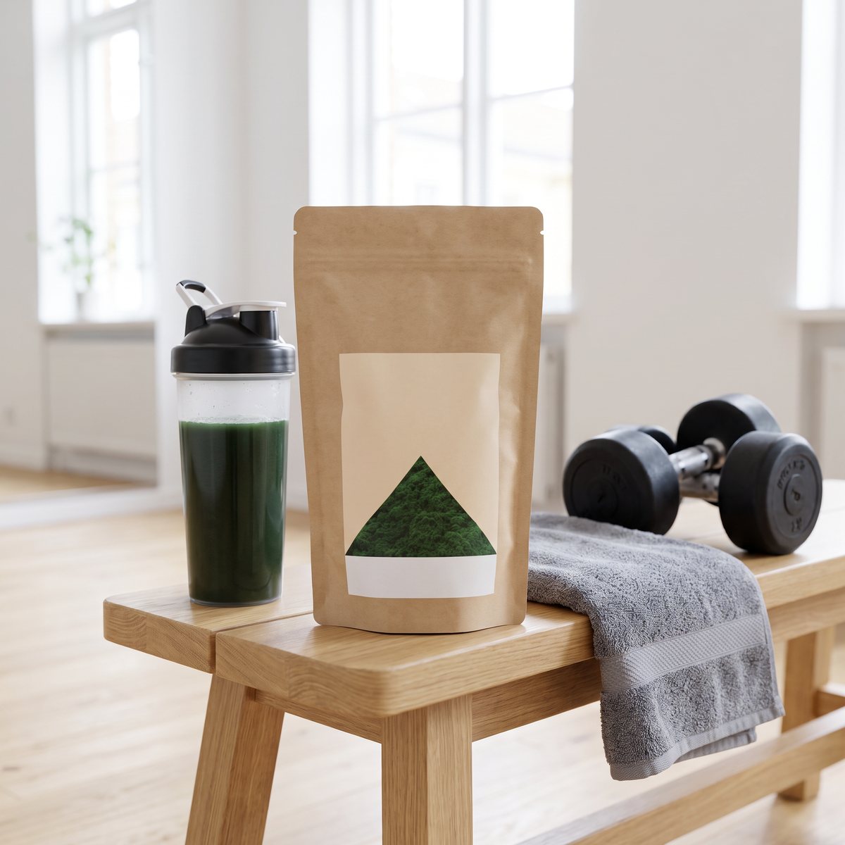 ICONFIT spirulinapulver i en brun påse på en träbänk bredvid en shaker med grön dryck och hantlar i ett svenskt hemmagym