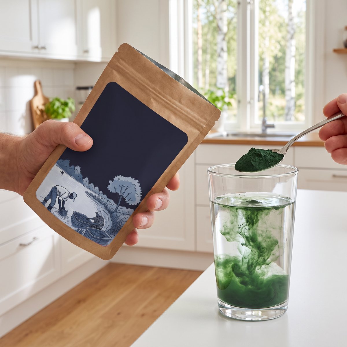 Lindroos spirulinapulver i en brun doypack som hålls i handen medan en tesked grönt pulver rörs ned i ett glas vatten i ett svenskt kök