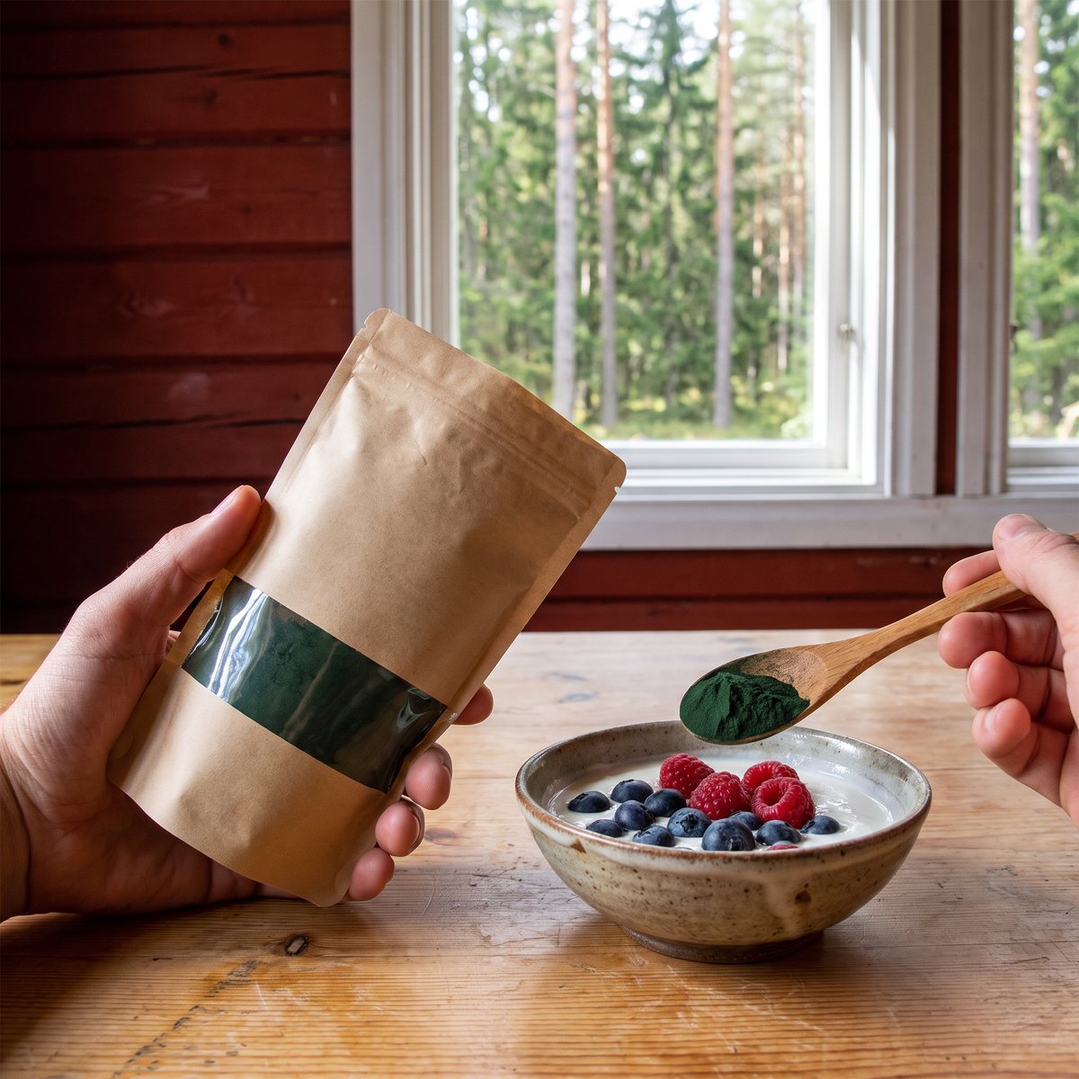 Hand som håller en brun papperspåse med spirulina och fönster medan pulver strös över yoghurt med bär i en svensk stuga