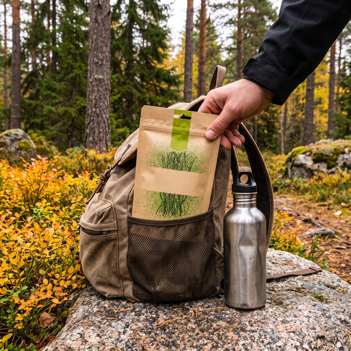 Påse med Rawpowder spirulinapulver vid en ryggsäck på en granithäll i svensk skog på hösten