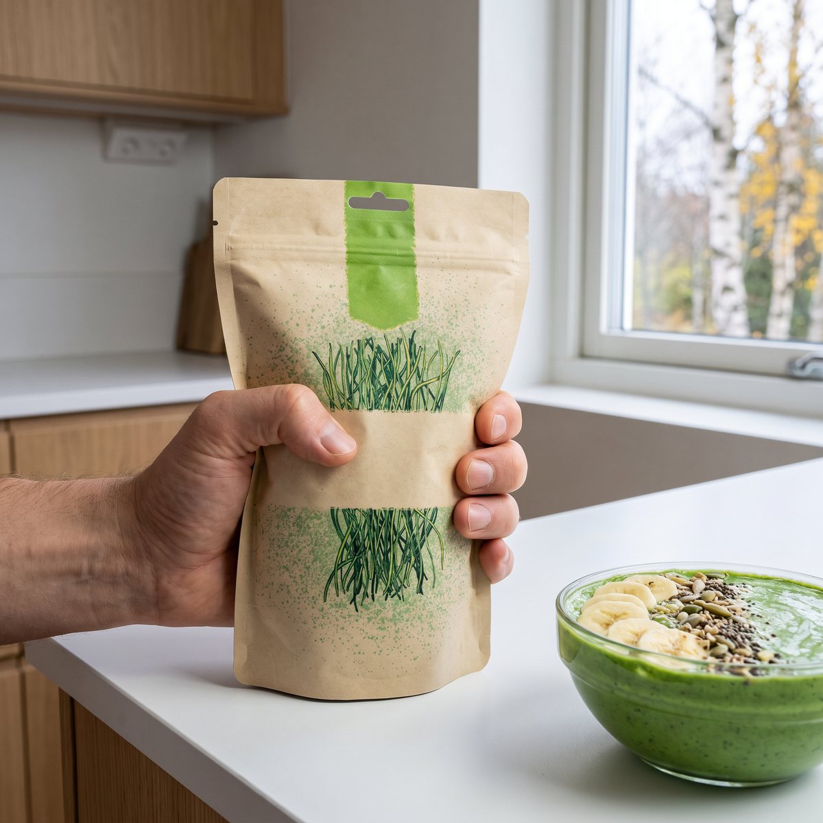 Hand som håller en påse Rawpowder spirulinapulver bredvid en grön smoothiebowl i ett svenskt kök med björkar utanför fönstret