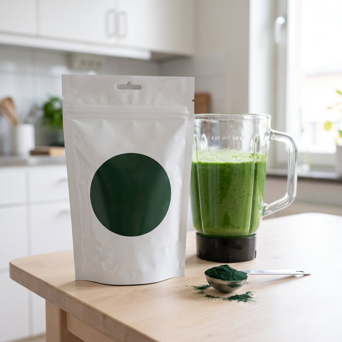 Vit påse med spirulinapulver från Superfruit på ett ljust träbord bredvid en mixerbehållare med grön smoothie i ett svenskt kök