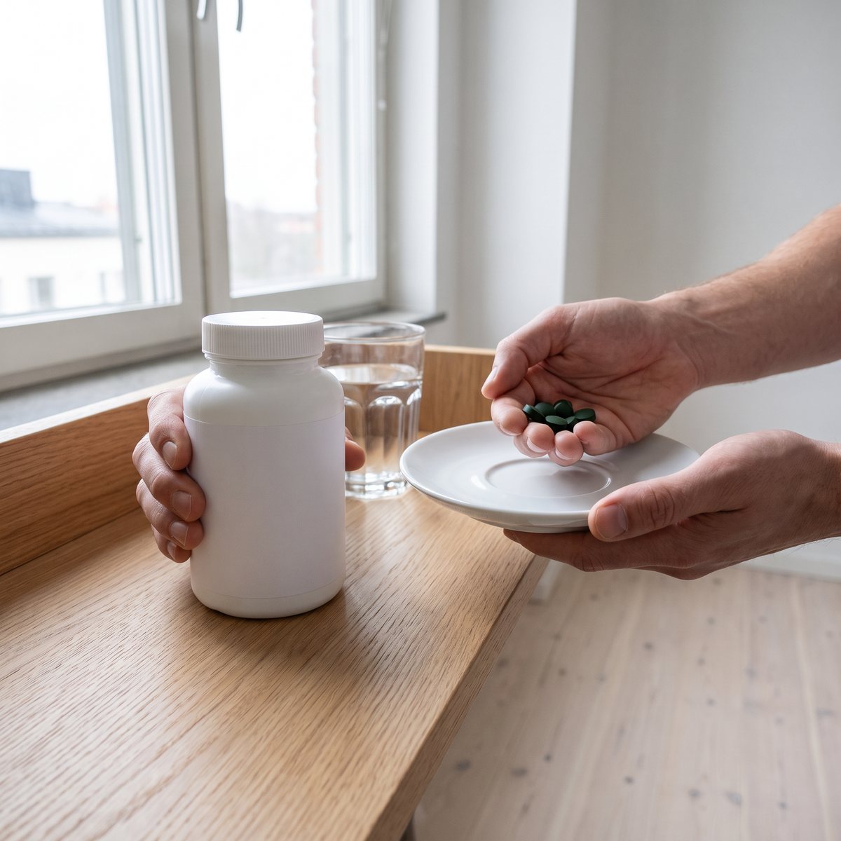 Holistics vita burk med spirulinatabletter på en ljus ekhylla bredvid ett glas vatten i en svensk bostad.