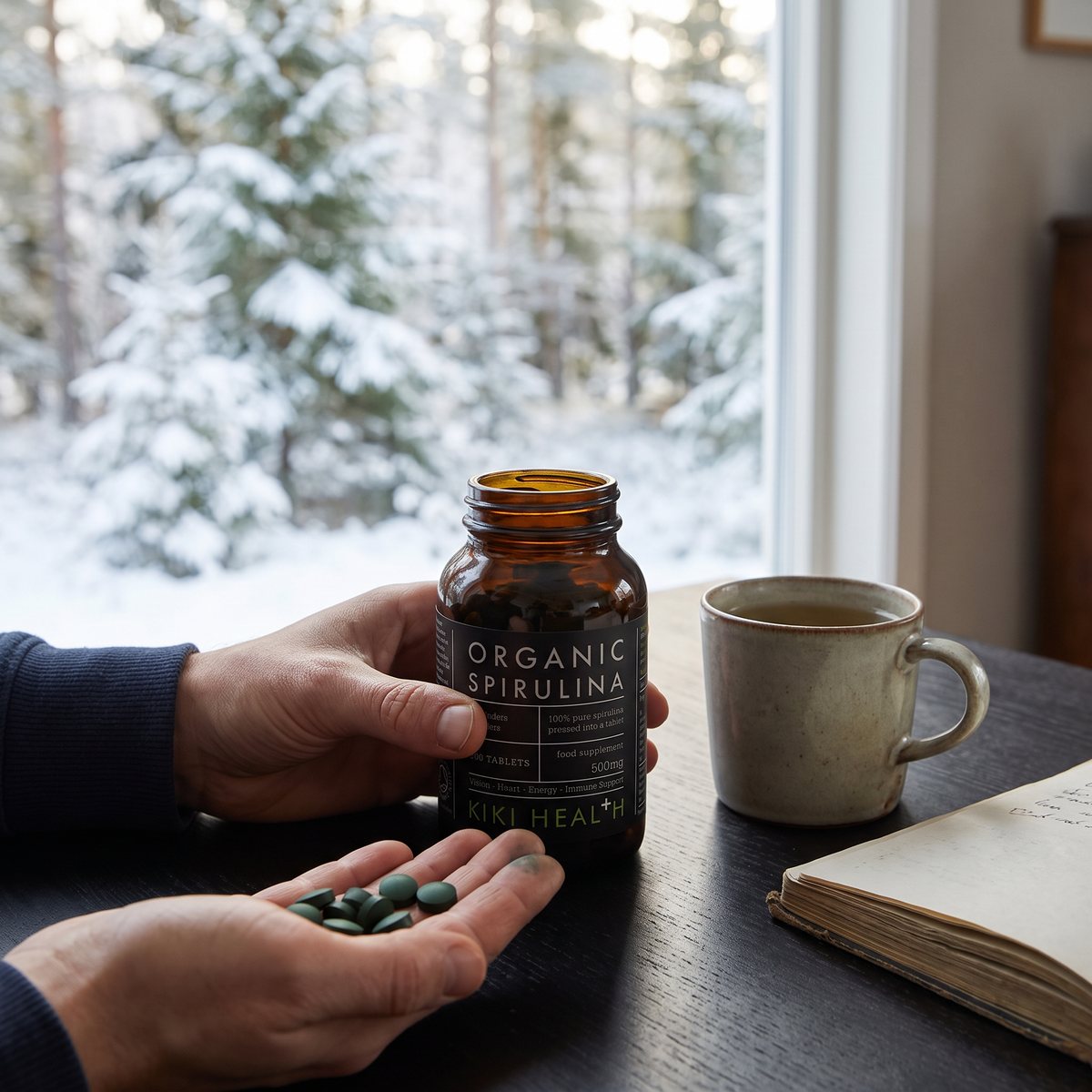 Kiki Healths brunglasburk med spirulinatabletter på ett mörkt skrivbord i ett svenskt hem med snötäckt skog utanför fönstret.