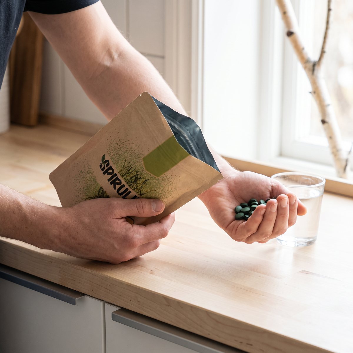 Rawpowders ekologiska spirulinatabletter i kraftpåse på en köksbänk i ett svenskt kök, med ett glas vatten och några mörkgröna tabletter i handen.