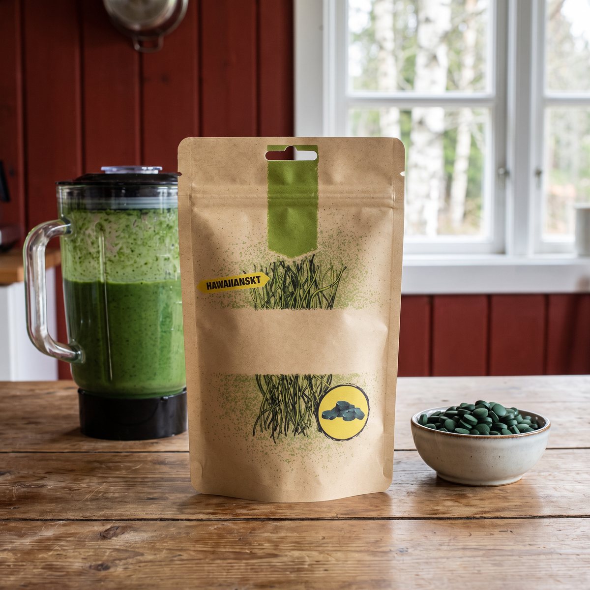 Rawpowders hawaiianska spirulinapåse på ett träbord i ett svenskt sommarstugekök, med en grön smoothie och tabletter i en skål.