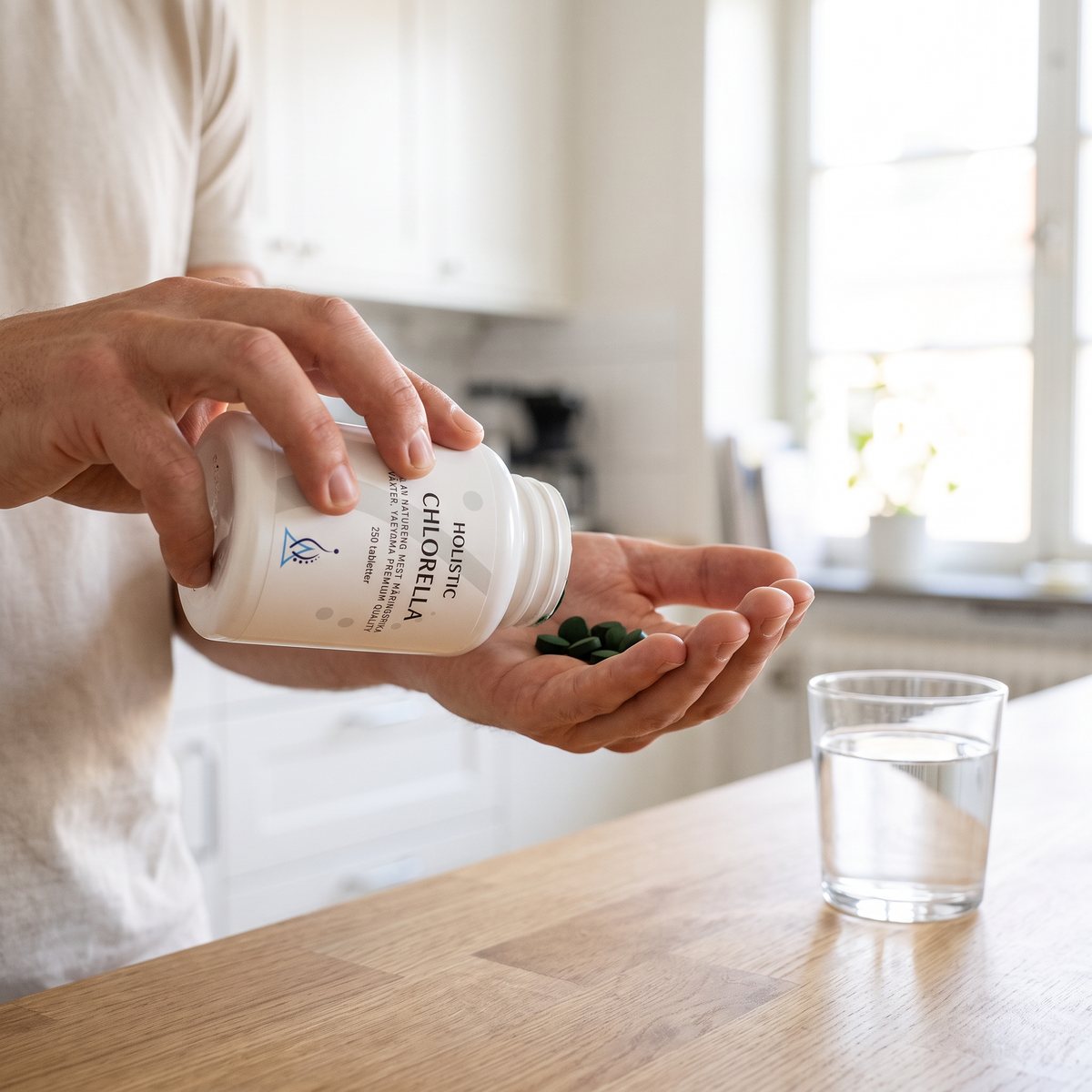Burk med Holistic Chlorella i handen vid en köksbänk i ett svenskt kök, med ett glas vatten bredvid